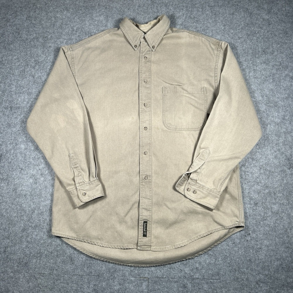 TIMBERLAND Weathergear Button Down Shirt‎ Mens Large Tan Rugged Workwear Beige